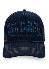 Navy Stone Denim Snapback Trucker Hat by Von Dutch Navy Denim trucker cap Von Dutch Blue Rhinestone logo Curved bill Adjustable snapback panel