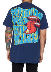 "MIND TABS" Tee features a BLOODY PANTHER graphic in a VINTAGE DARK BLUE color