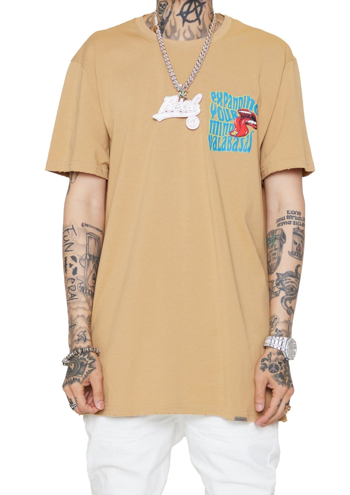 "MIND TABS" Tee features a BLOODY PANTHER graphic in a VINTAGE KHAKI color