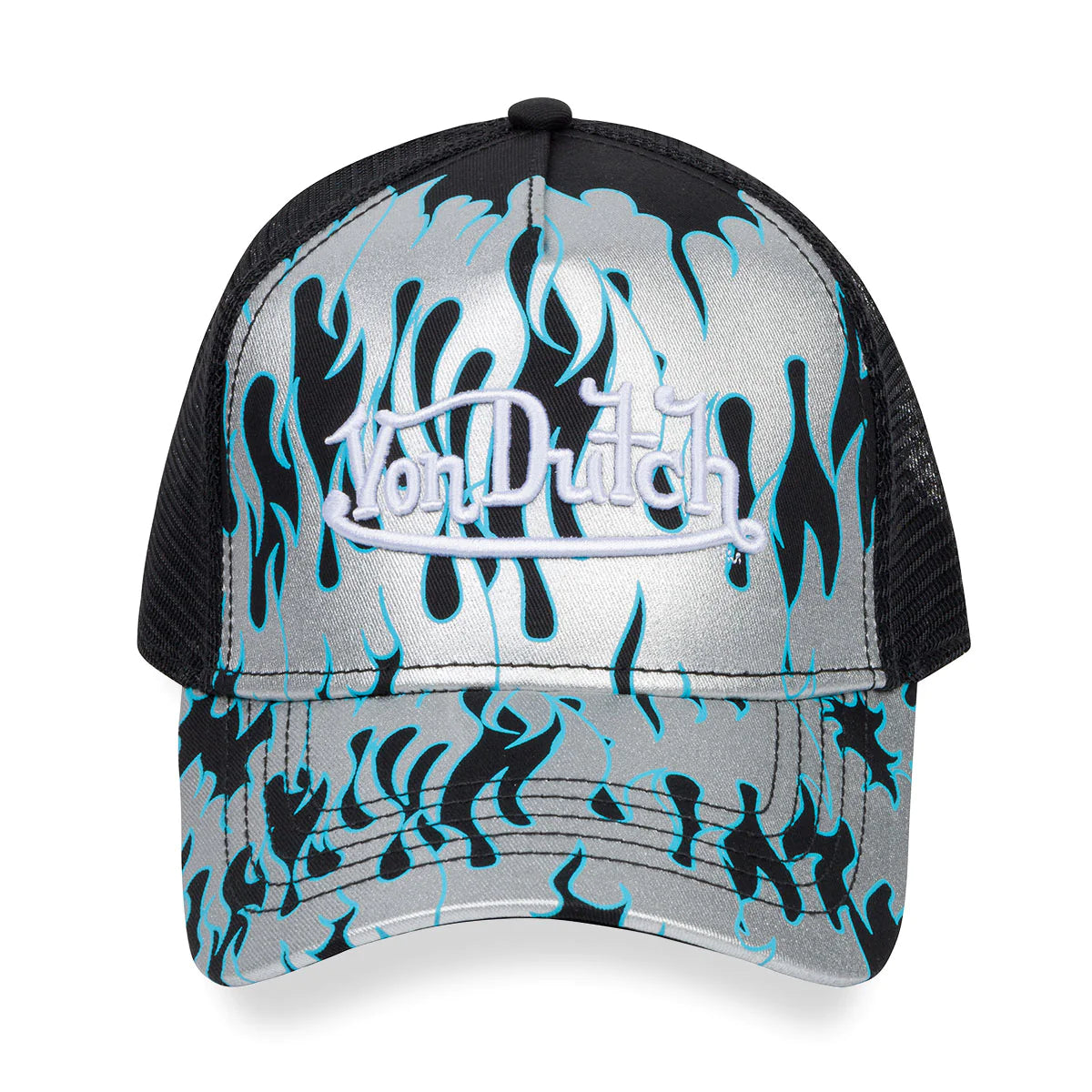 Classic snapback trucker hat with flame graphic pattern in silver blue pearl and embroidered White Von Dutch logo on front