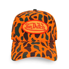 242 Camouflage Snapback Trucker Hat by Von Dutch features an iconic logo patch, a orange camouflage design on the front, and an adjustable snapback panel