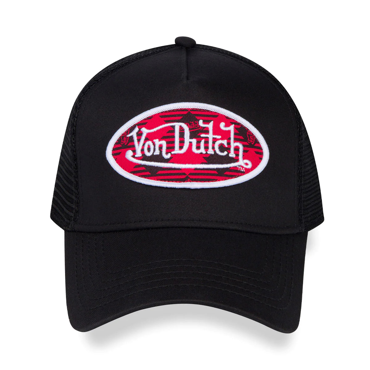 Classic black Snapback Trucker Hat by Von Dutch features a Red and Black Plaid iconic logo patch on front
