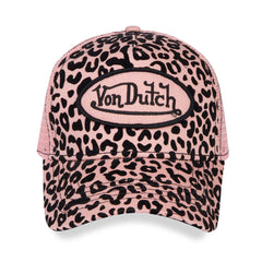 Cheetah Pink Velvet Crush! This Classic Snapback Trucker Hat by Von Dutch features a blueberry cheetah print velvet with the iconic logo patch on front