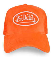 Classic Snapback Trucker Hat by Von Dutch features Orange Velvet cloth with iconic logo patch on front, white breathable mesh rear, and an adjustable snapback panel