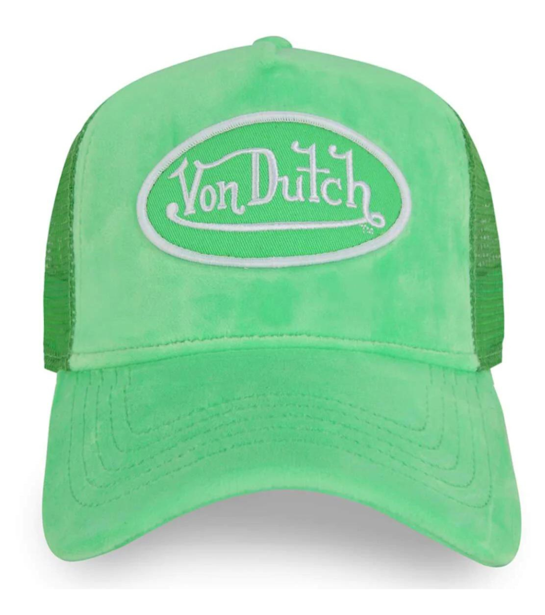 Classic Snapback Trucker Hat by Von Dutch features Lime Green Velvet cloth with iconic logo patch on front, white breathable mesh rear, and an adjustable snapback panel.