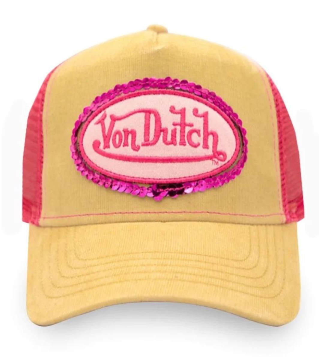 Classic Snapback Trucker Hat by Von Dutch features pink sequins with the iconic logo patch on front, pink breathable mesh rear, and an adjustable snapback panel.