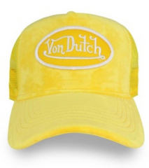 Classic Snapback Trucker Hat by Von Dutch features Yellow Velvet cloth with iconic logo patch on front, white breathable mesh rear, and an adjustable snapback panel