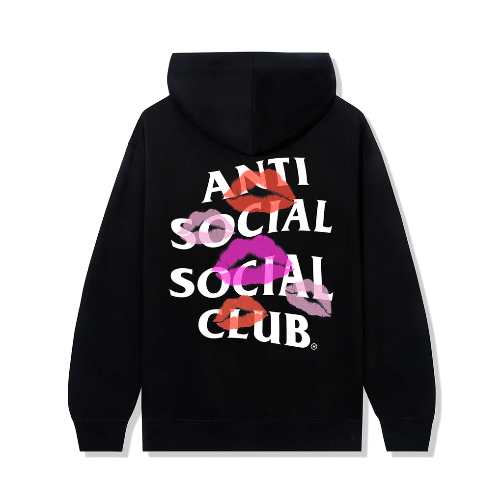 Black cotton hoodie. Red & Pink Kisses with Anti Social Social Club Design in white lettering, large back design.