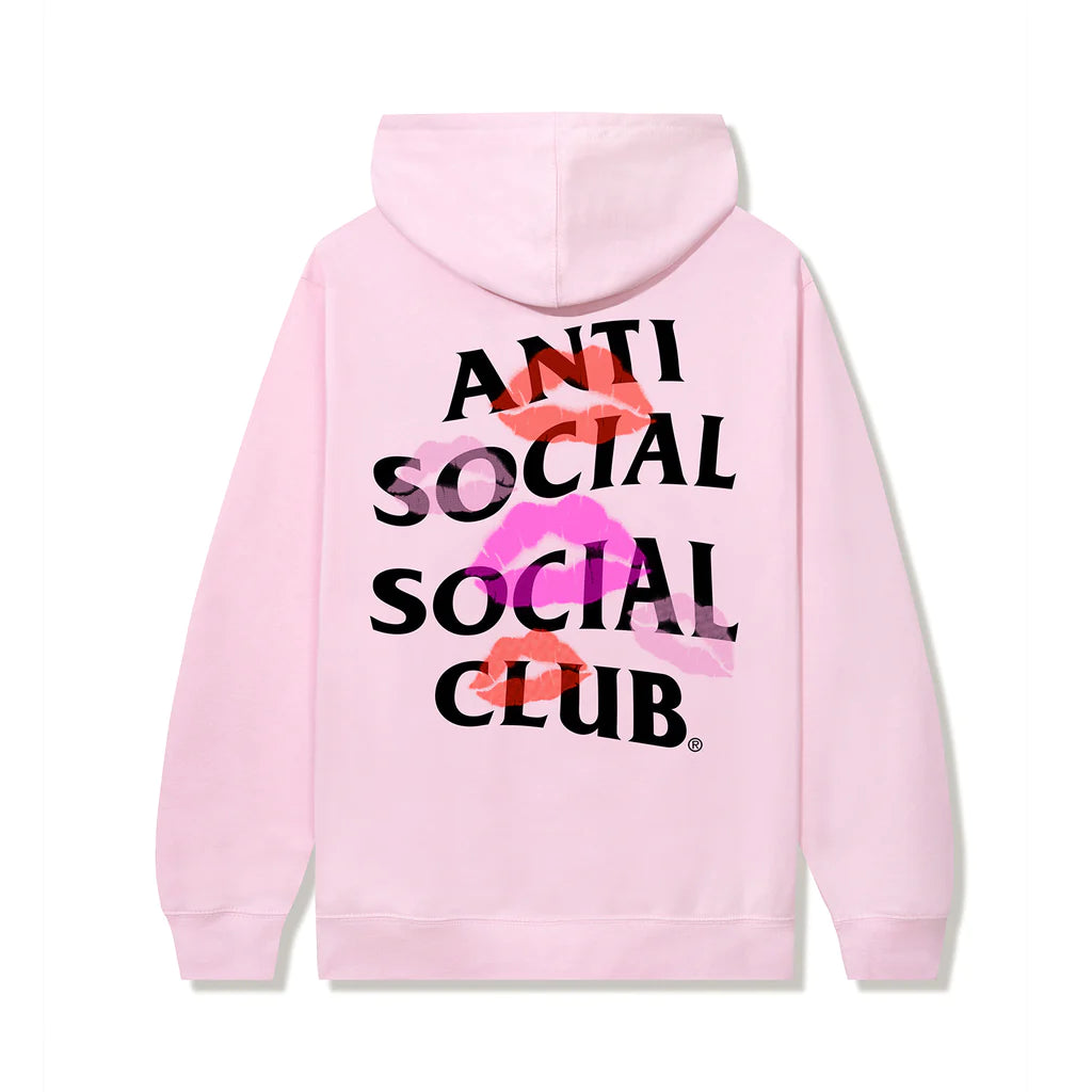 Pink cotton hoodie. Red & Pink Kisses with Anti Social Social Club Design in black lettering, large back design.