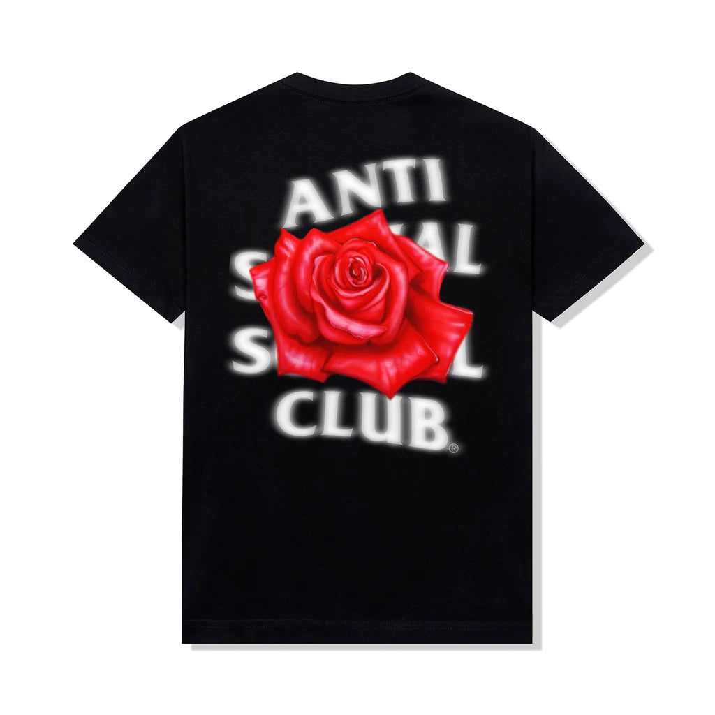black cotton tshirt. Red Rose with Anti Social Social Club Design in white lettering back design..