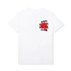 white cotton tshirt. Red Rose with Anti Social Social Club Design in black lettering, large backdesign.