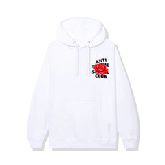 white cotton hoodie. Red Rose with Anti Social Social Club Design in black lettering, small front design.