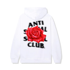 white cotton hoodie. Red Rose with Anti Social Social Club Design in black lettering, large backdesign.
