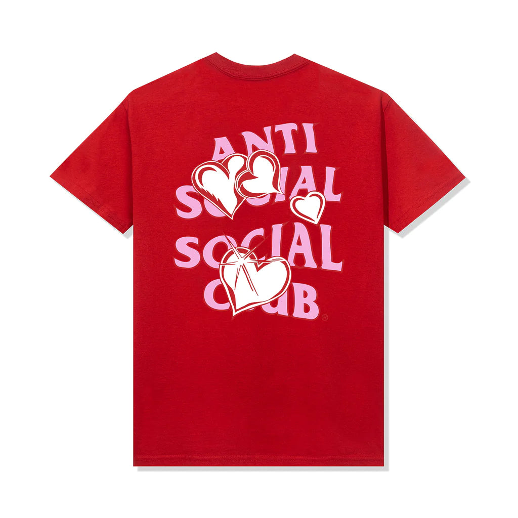 Red cotton t-shirt. White heart with Anti Social Social Club Design in pink lettering, large back design.