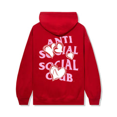 Red cotton hoodie. White heart with Anti Social Social Club Design in pink lettering, large back design.