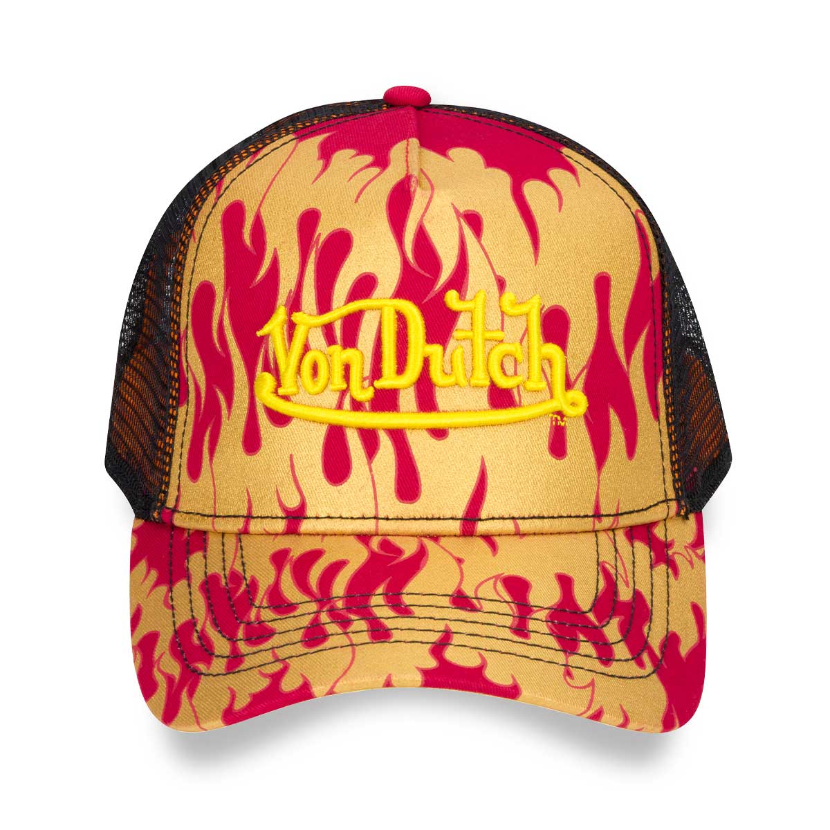 Red & Gold Classic Snapback Trucker Hat features gold flame pattern graphic, with iconic embroidered logo on front. Black breathable mesh rear, and an adjustable snapback panel