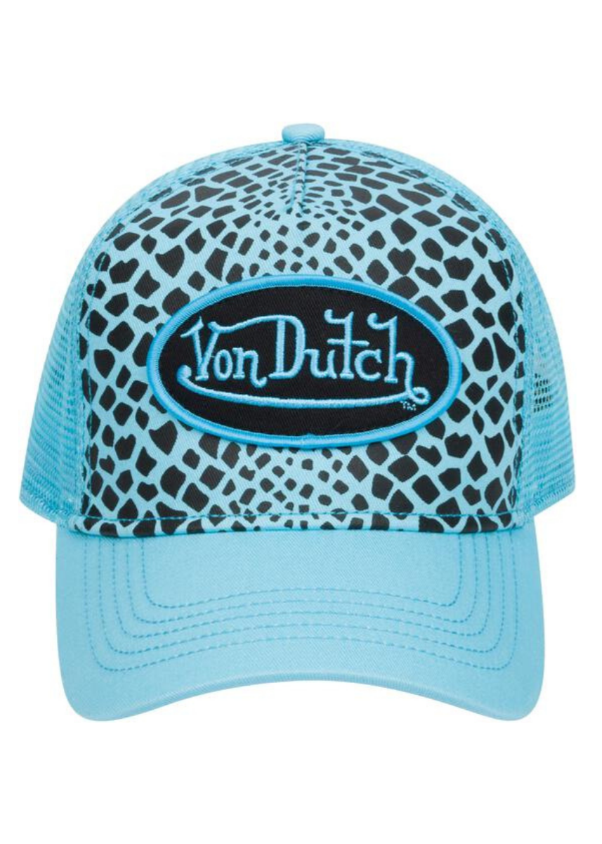 Blue Snake Snapback Trucker Hat by Von Dutch   Sky Blue Snake Print trucker cap Von Dutch patch logo  Curved bill Adjustable snapback panel