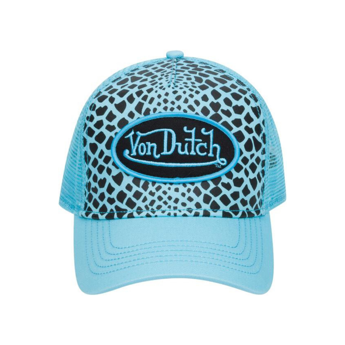 Blue Snake Snapback Trucker Hat by Von Dutch   Sky Blue Snake Print trucker cap Von Dutch patch logo  Curved bill Adjustable snapback panel
