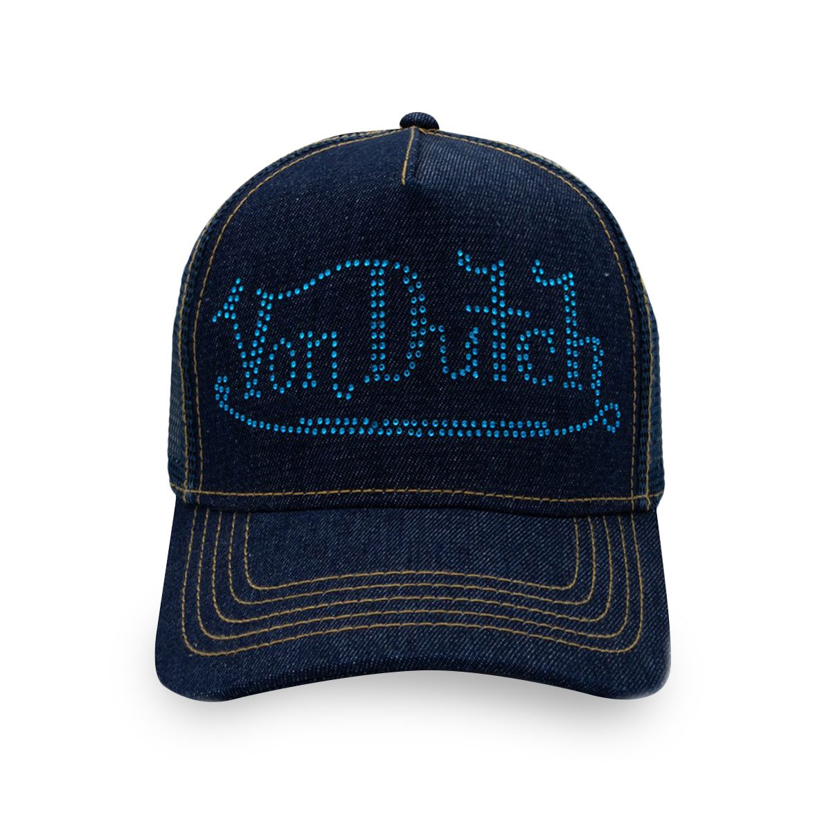 Navy Stone Denim Snapback Trucker Hat by Von Dutch   Navy Denim trucker cap Von Dutch Blue Rhinestone logo  Curved bill Adjustable snapback panel