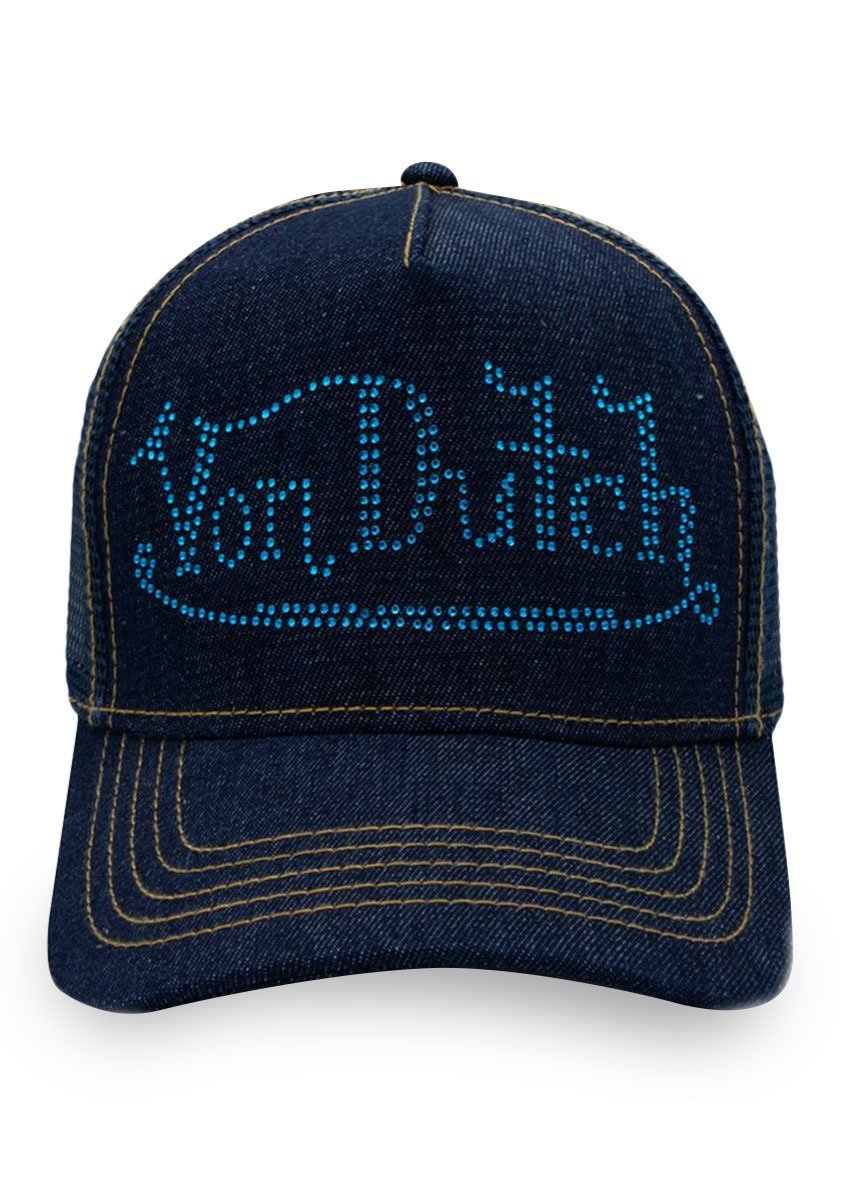 Navy Stone Denim Snapback Trucker Hat by Von Dutch   Navy Denim trucker cap Von Dutch Blue Rhinestone logo  Curved bill Adjustable snapback panel